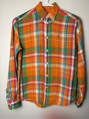 Vintage Ralph Lauren Sport Orange Plaid Button-Down Shirt Size 2 100% Linen